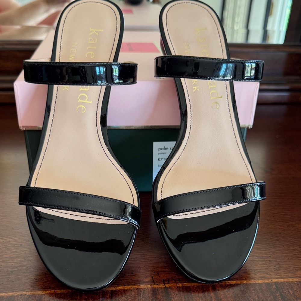 kate spade Palm Springs Black Patent Leather Two-Strap Heels size 8.5 - Picture 2 of 5